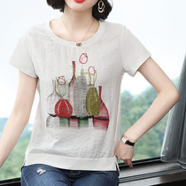 New pure cotton middle sleeve T-shirt woman short sleeve white loose half sleeve big code middle-aged mother summer dress printed blouses