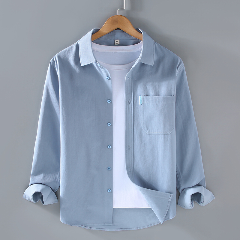 Spring New Style Simple Long-Sleeved Shirt for Men, Pure Cotton, Casual, Solid Color, Turn-Down Collar, Heavyweight, Loose-Fitting, Versatile Shirt Top
