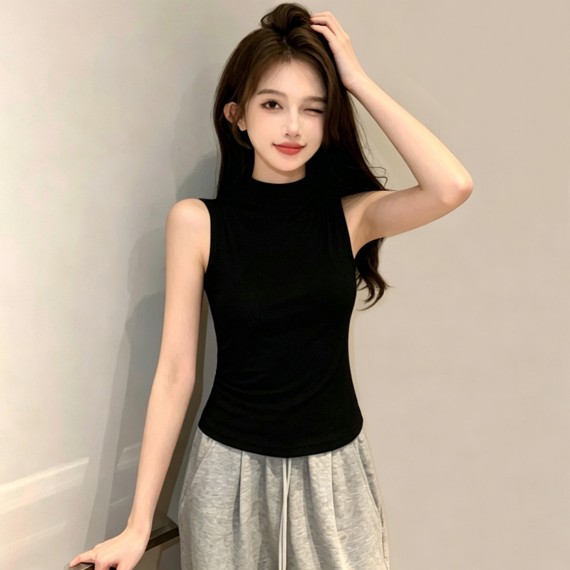 Black Tank Top for Women, Summer Outerwear, Slim Fit, Half-High Collar, Sleeveless T-Shirt, Inner Layer, Mid-Neck Base Shirt Top