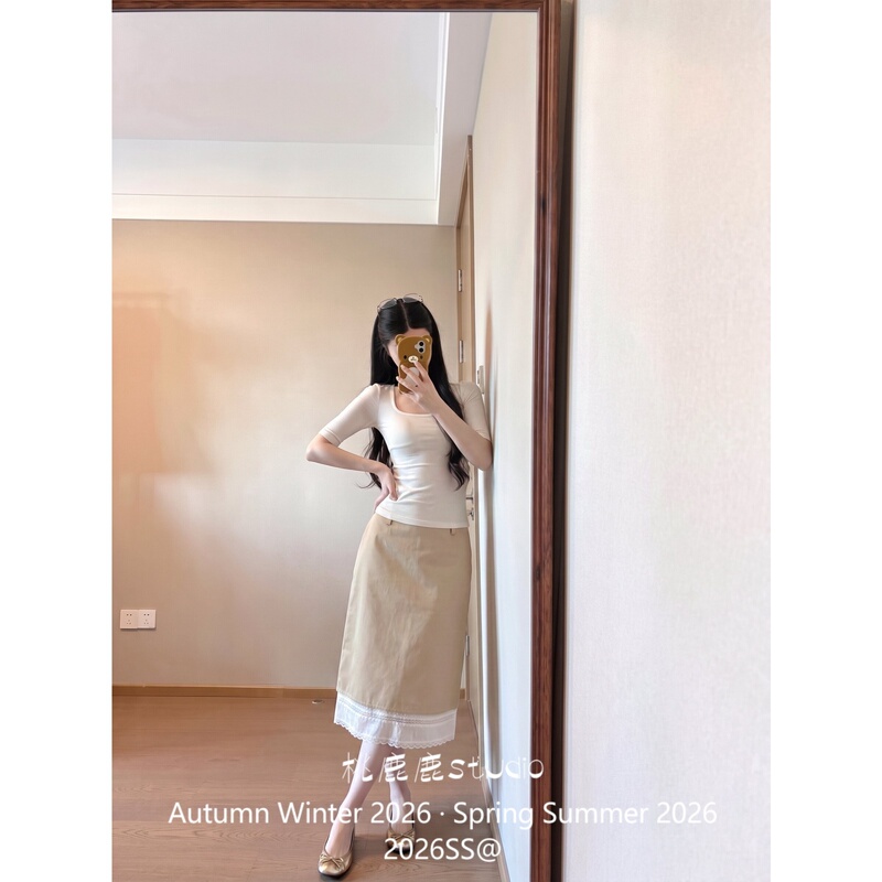 Peach Deer Cool Sage Gray Green Korean Style Gentle Ruffled Lace Patchwork Simple Mid-Length Skirt for Women