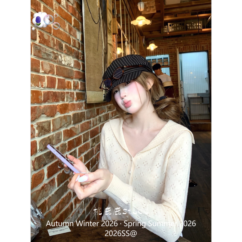 Tao Lulu's "Girl's Navy Notes" Wool Thick Sailor Collar Sweater Slim Fit Hollow Knit Cardigan