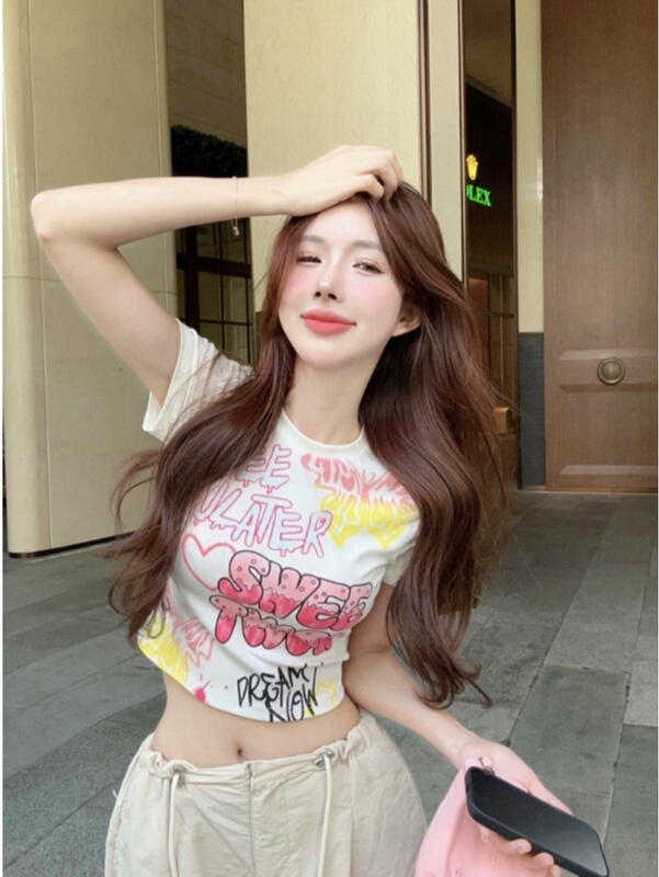 Pure Cotton Trendy Brand Graffiti Print Short-Sleeve T-Shirt for Women, Summer Hot Girl Petite Sexy Crop Top Pure Cotton Trendy Brand Graffiti Print Short-Sleeve T-Shirt for Women, Summer Hot Girl Petite Sexy Crop Top