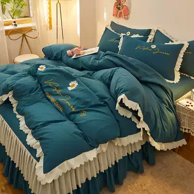 Net red cotton double bed skirt four-piece cotton simple lace quilt cover girl solid color bed sheet bed spread 4