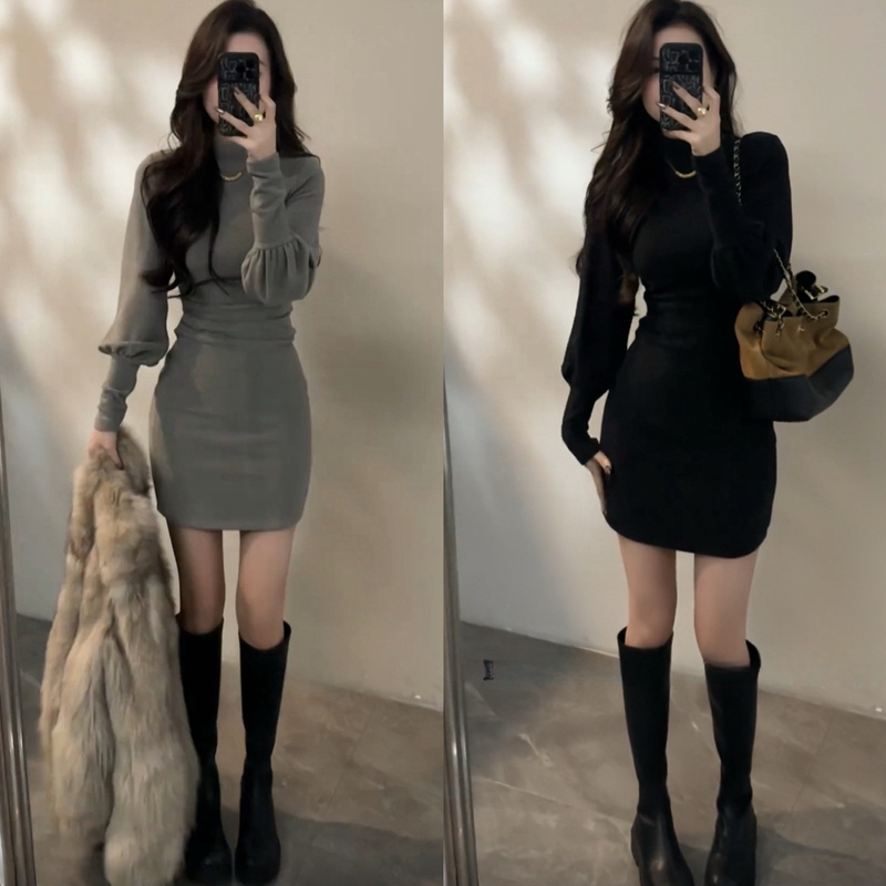 French Hepburn Style Lantern Sleeve Half-High Collar Dress, Autumn and Winter Elegant Pleated Waist-Slimming Inner Wear Bodycon Short Skirt French Hepburn Style Lantern Sleeve Half-High Collar Dress, Autumn and Winter Elegant Pleated Waist-Slimming Inner Wear Bodycon Short Skirt
