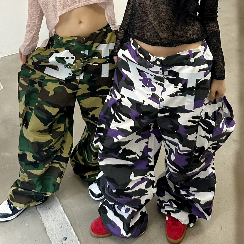 【Camouflage Series】Tiz Retro Design Letter Print Camouflage Loose Pocket Cargo Pants Unisex
