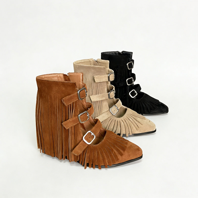 Invisible Height-Increasing Women's Shoes 9/ 12cm New Spring/Summer Ethnic Style Tassel Pointed Toe Cut-Out Short Boots Women's Shoes 5002