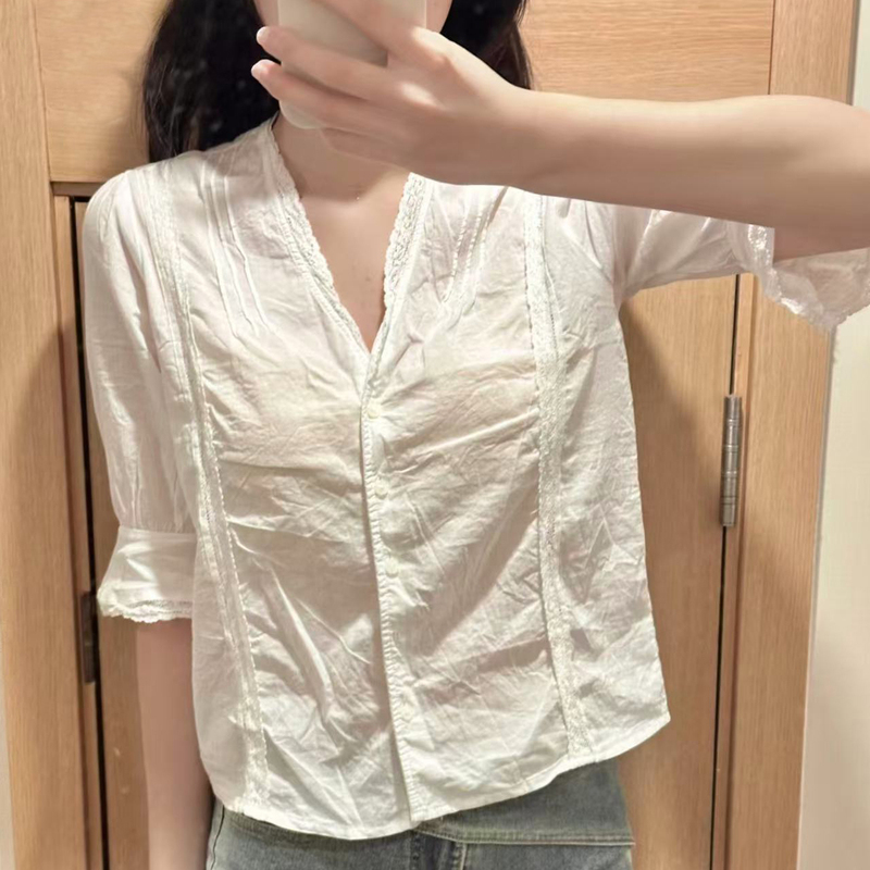 Brandy Bm American Casual V-Neck Lace Patchwork Single-Breasted Thin Shirt Bm French Lace Mid-Sleeve Top