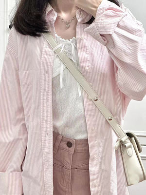 BM's new light pink lapel long-sleeved loose pure cotton shirt for women, BM boyfriend style pink vertical striped shirt jacket