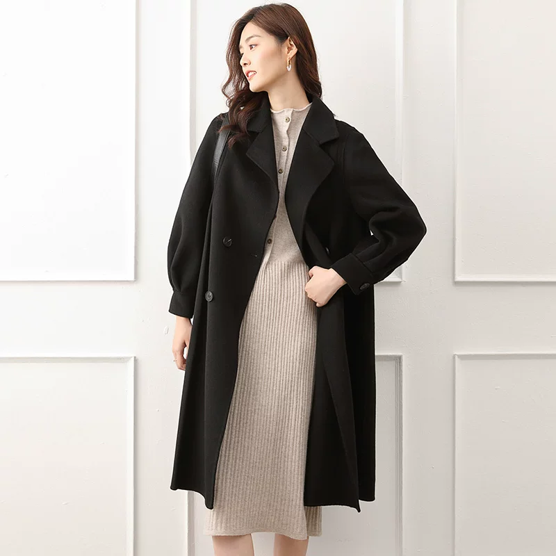 Двустороннее кашемировое длинное шерстяное пальто, демисезонное trench coat, середина длины, корейский стиль