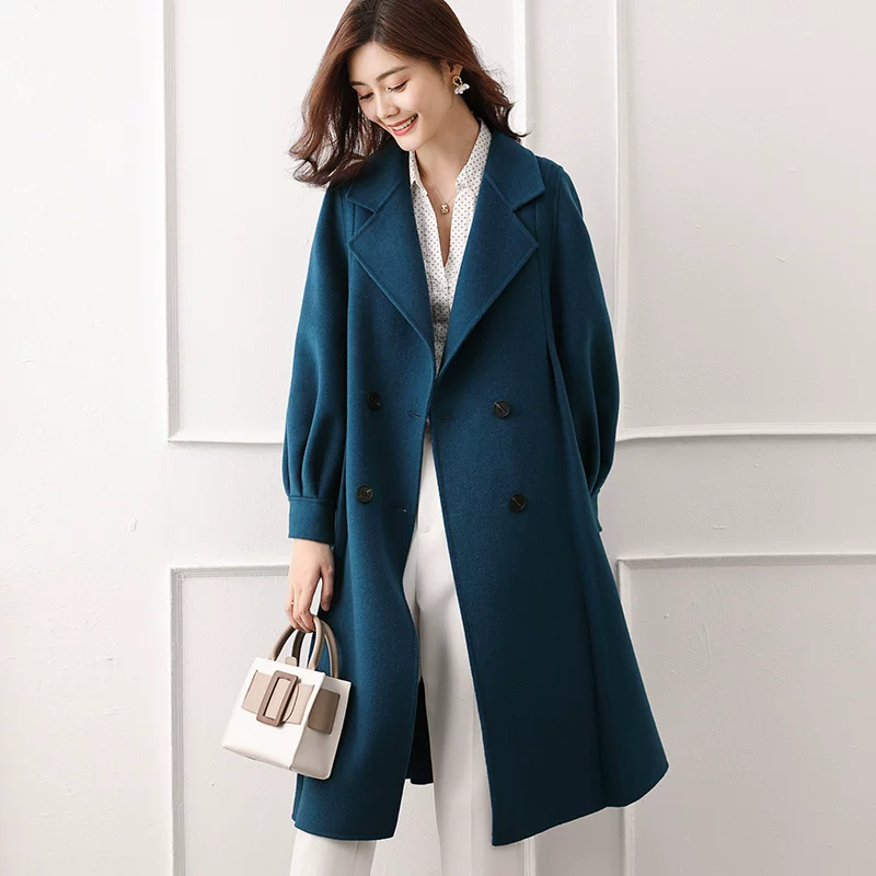 Двустороннее кашемировое длинное шерстяное пальто, демисезонное trench coat, середина длины, корейский стиль