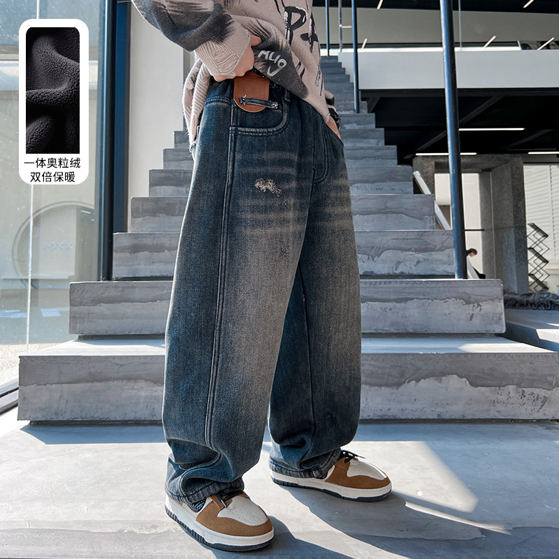 Boys' thickened velvet pants in winter, large children's one-piece velvet wide-leg jeans, autumn and winter 2024 new style and handsome