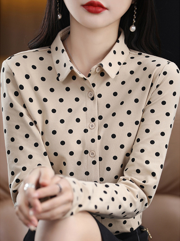 Pure Cotton Polka Dot Shirt for Women 2026 Spring New Style Polo Collar Loose Long-Sleeved Shirt Elegant All-Cotton Base Top