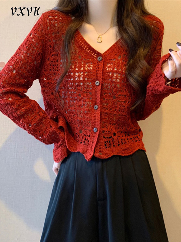 Red Ice Silk Knitted Cardigan for Women 2026 Spring and Summer V-Neck Loose Slimming Sun Protection Cover-Up Hollow Crochet Thin Coat