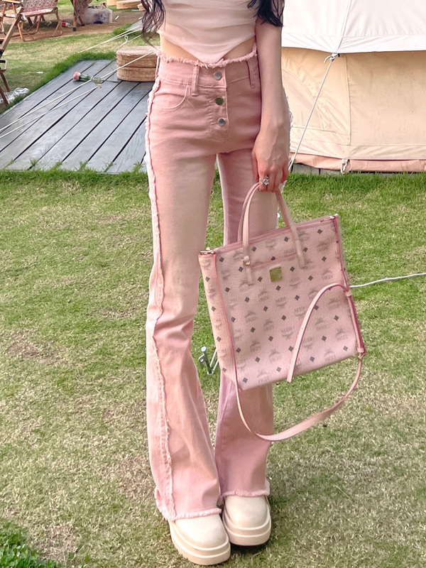 Pink Flared Jeans for Women 2026 Summer New High-Waisted Slim Fit Three-Button Hot Girl Frayed Bell-Bottom Pants Pink Flared Jeans for Women 2026 Summer New High-Waisted Slim Fit Three-Button Hot Girl Frayed Bell-Bottom Pants