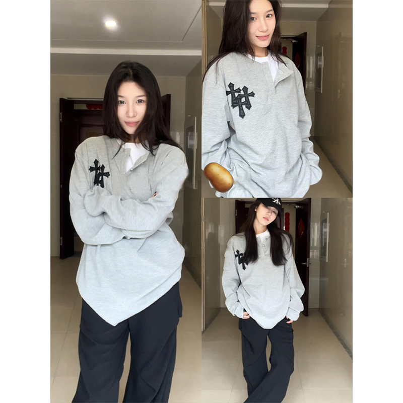 American-Style High Street Embroidered Cross Sweatshirt, Early Autumn Thin Style, Niche Button Design, National Trendy Brand, Loose Long-Sleeve Top