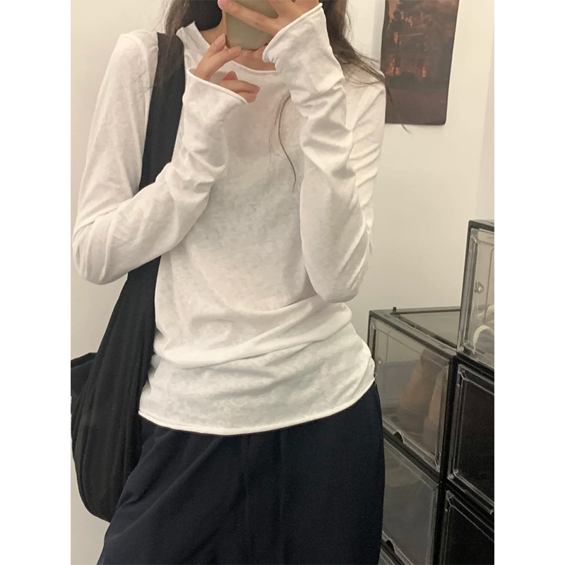 White Snowflake Cotton Rolled-Edge Long-Sleeve T-Shirt for Women, Early Autumn Thin Style, Lazy and Slimming Base Shirt, Simple and High-End Top