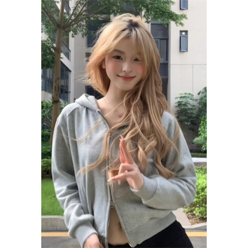 American-Style Sweet and Spicy Gray Double-Zipper Hooded Sweatshirt for Women, Spring and Autumn Thin Slim-Fit Short Jacket, Petite Sports Cardigan American-Style Sweet and Spicy Gray Double-Zipper Hooded Sweatshirt for Women, Spring and Autumn Thin Slim-Fit Short Jacket, Petite Sports Cardigan
