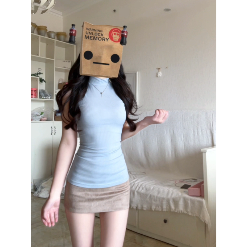 Korean Style Hot Girl Wears Blue Half-High Collar Vest for Women, New Summer Slim-Fit Waist-Cinching Sleeveless T-Shirt Top Korean Style Hot Girl Wears Blue Half-High Collar Vest for Women, New Summer Slim-Fit Waist-Cinching Sleeveless T-Shirt Top