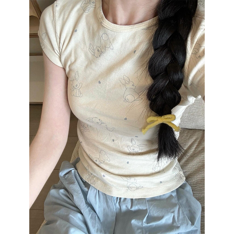 Cream-Colored Bunny Short-Sleeve T-Shirt for Women, Summer 2024 New Style, Petite, Sweet, Slim-Fit, Flattering Top