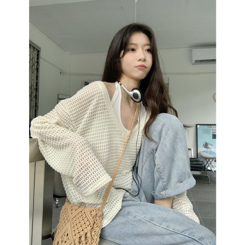 Summer Thin Hollow-Out Long-Sleeve T-Shirt Top for Women, Loose and Casual, Stylish and Unique Design, Sun-Protective Knit Cover-Up