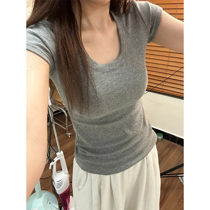 Gray Pure Cotton U-Neck Regular Shoulder Short-Sleeve T-Shirt for Women, Summer Simple Versatile American Style Slim Fit Waist-Cinching Top