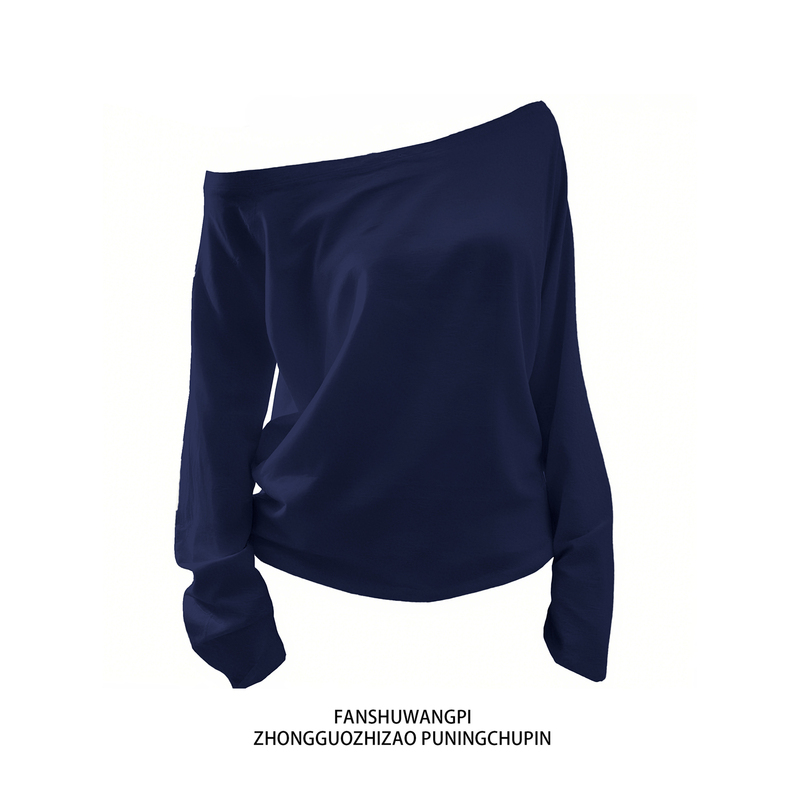 Solid Color Loose Diagonal Shoulder Long-Sleeve T-Shirt for Women 2026 Autumn Off-Shoulder Korean Style Lazy and Relaxed Top Solid Color Loose Diagonal Shoulder Long-Sleeve T-Shirt for Women 2026 Autumn Off-Shoulder Korean Style Lazy and Relaxed Top