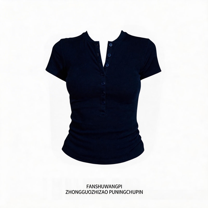 American-Style Henry Collar Slim-Fit Short-Sleeve T-Shirt for Women, 2026 Summer Hot Girl Short Waist-Cinching Button-Up Regular Shoulder Top