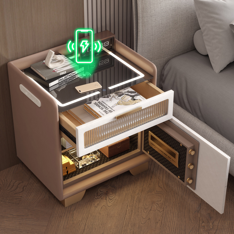 Light luxury smart bedside cabinet safe with lock simple modern solid wood rechargeable multi-function storage cabinet