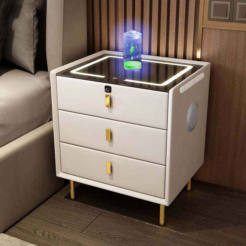 Smart bedside cabinet with speaker fingerprint lock modern minimalist rechargeable multi-function leather three-drawer solid wood bedside cabinet