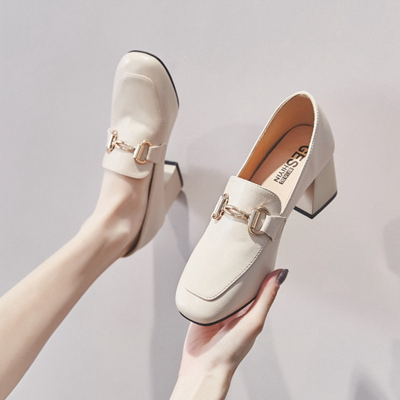 Single shoes women's 2022 autumn new leather wild square toe loafers thick heels high heels British style small leather shoes