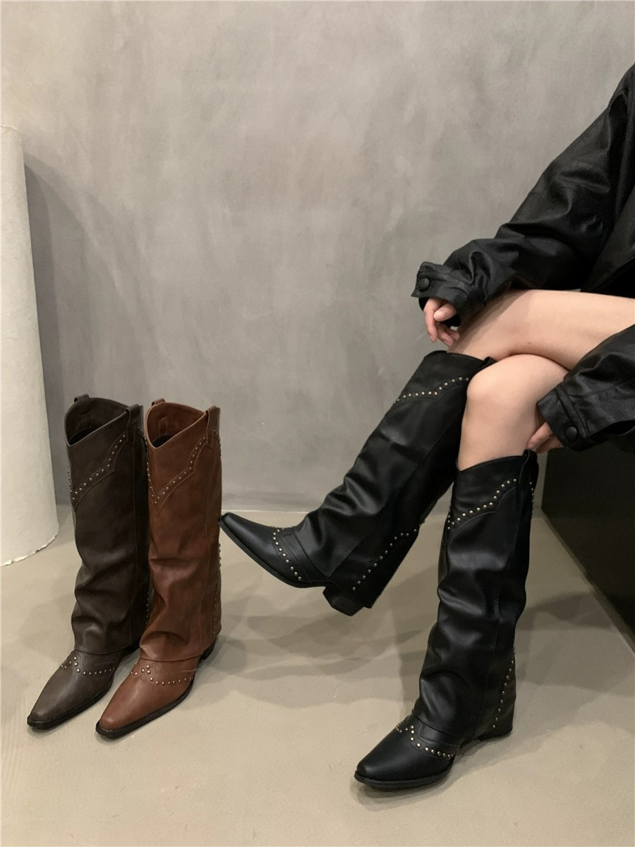 Западные Boots 铆钉西部牛仔靴2023秋新款不过膝炸街尖头显瘦裤管靴复古长筒靴女