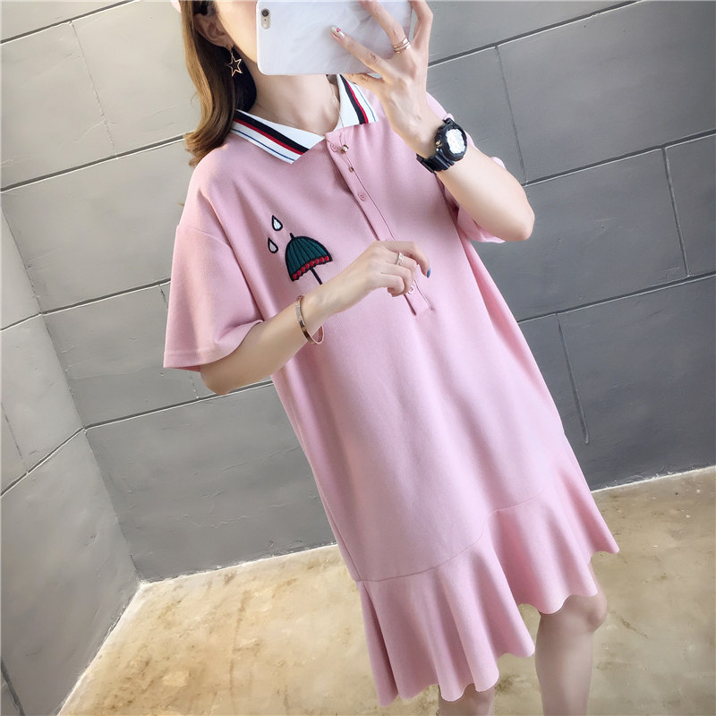 Maternity wear women's dress 2020 Korean version spring and summer mid-length version loose large size INS lapel skirt short-sleeved T-shirt