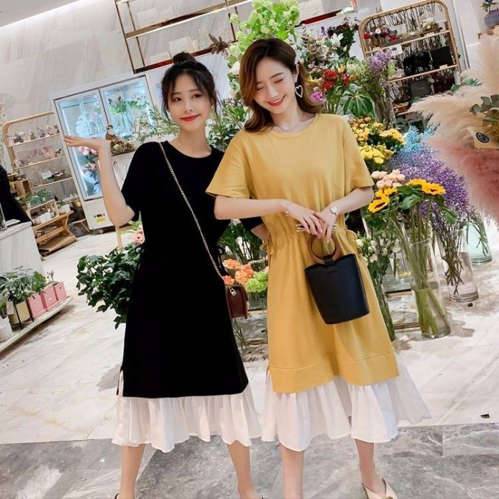 Maternity wear 2020 new summer loose stitching fake two-piece suit dress large size mid-length women's skirt is thin