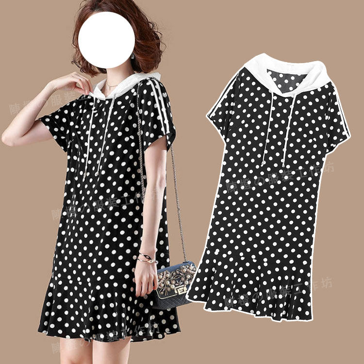 Maternity dress summer dress fashion pregnant mother fat MM loose wave point hooded casual skirt fashion a-line skirt