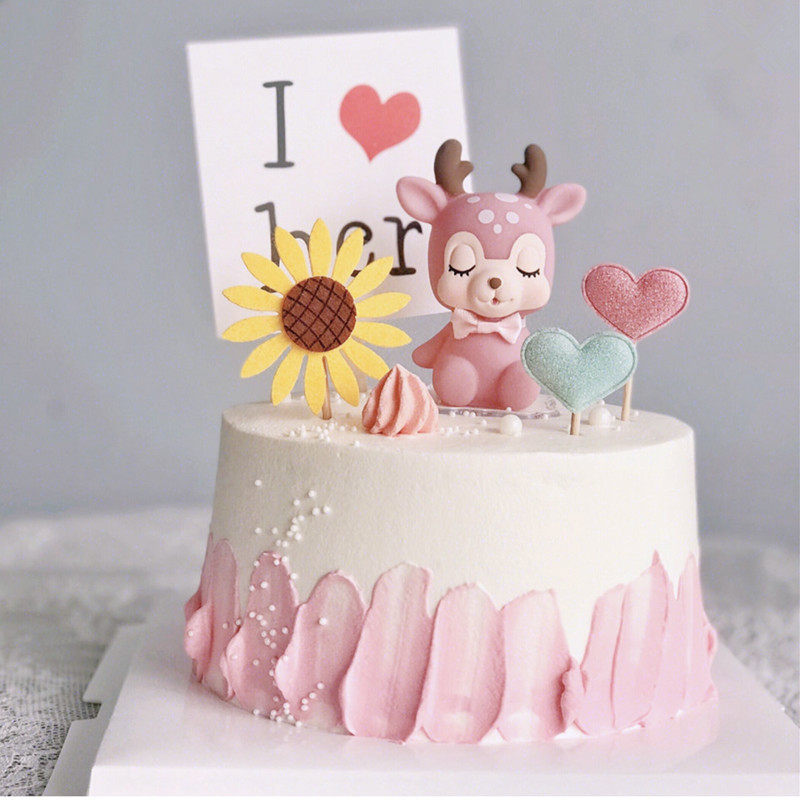 Small Deer Series Birthday Cake Decoration Pendulum sembark Plum Blossom Deer Elk Girl Pearl Crown Bake Birthday Plugin-Taobao