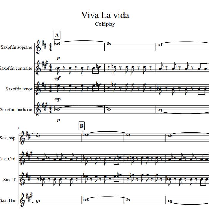 Viva La Vida, Long Live Life, Cool Play Band Saxophone Satb Quartet Score and Line Score Audio