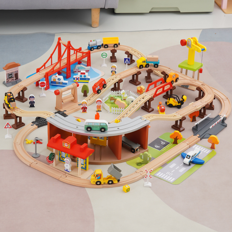 Wooden Track Toy Multi-Play Track Set Wooden Electric Car Engineering Vehicle Airplane Building Block Model