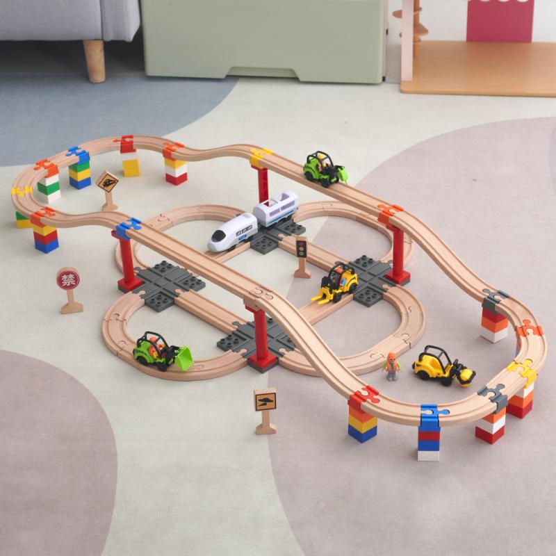 Leku Wooden Track Loop Set Electric Train Toy Compatible with Large Block Building Accessories for Boys
