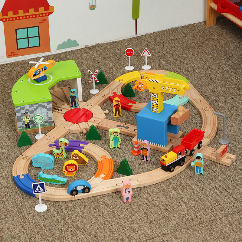 Wooden parking lot rail car building block toy children's inertia push train train track toy