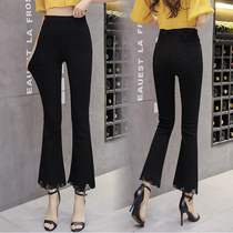 Tight waist and horn pants in autumn high waist thin elastic trousers wear lace splice tide