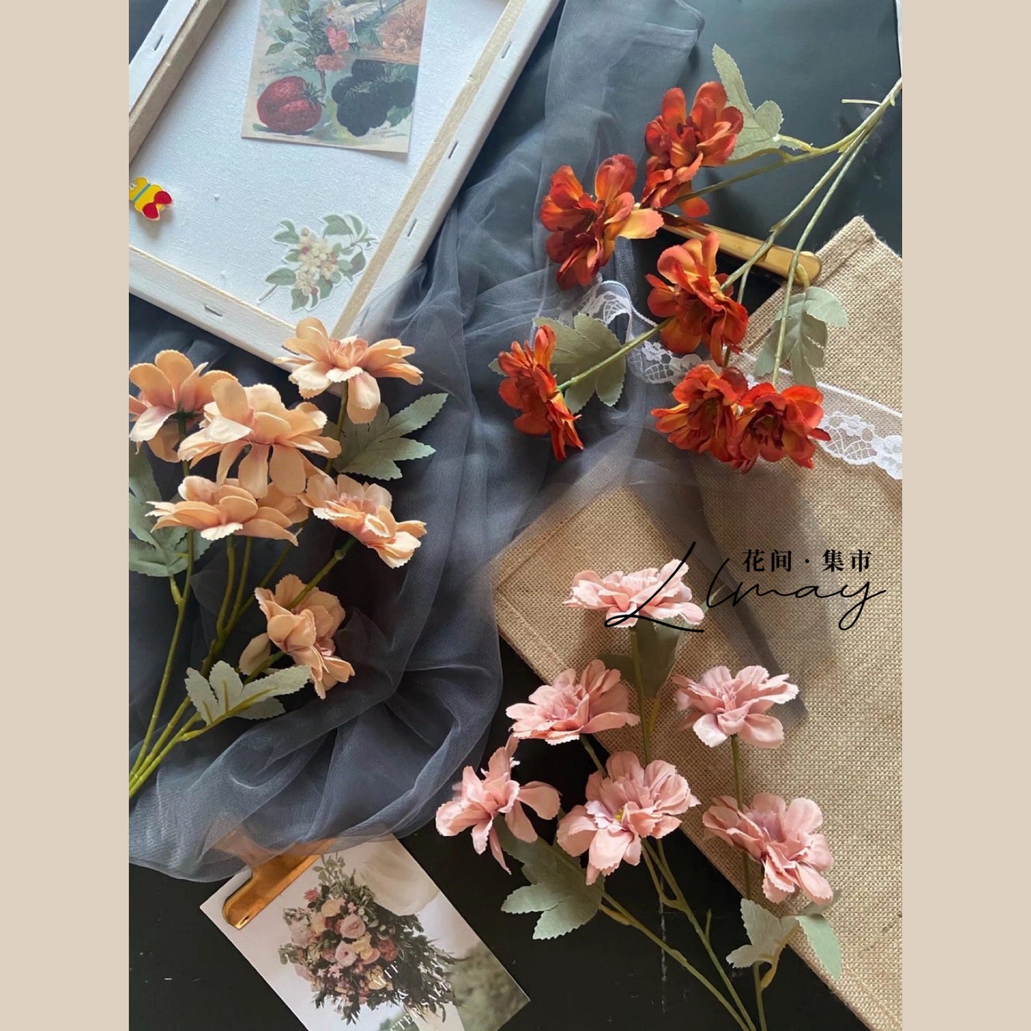 Retro Oil Painting Wind Fake Flower Rhododendron Simulation Bouquet Living-room TV Cabinet Pendulum table flower photo props