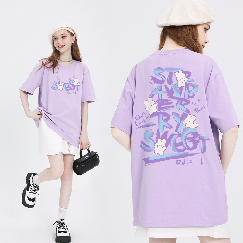Taro Purple T-Shirt for Women, Short-Sleeved, Cartoon Rabbit, Half-Sleeve, All-Cotton, Summer Dopamine Outfit Top, 2024 Summer Wear
