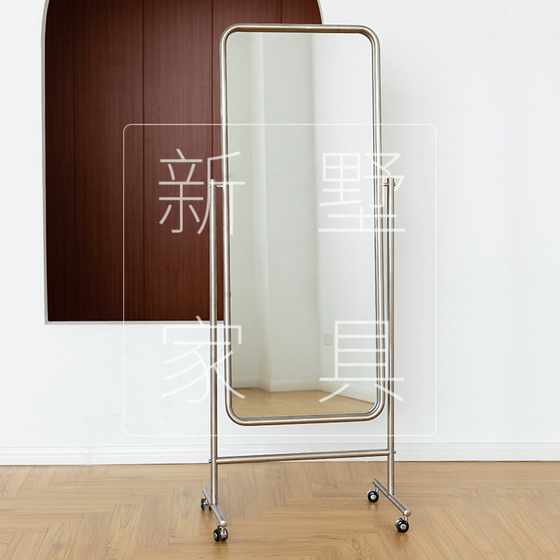 Designer full-length mirror Nordic mobile bedroom full-length mirror with wheels stainless steel floor-to-ceiling mirror in women's clothing store full-length mirror