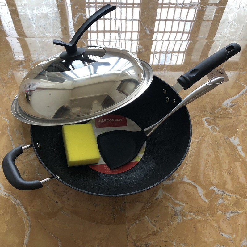 Leshan Maifan Stone single handle non-stick pan Flat bottom less fume wok 34cm36cm wok Induction cooker universal