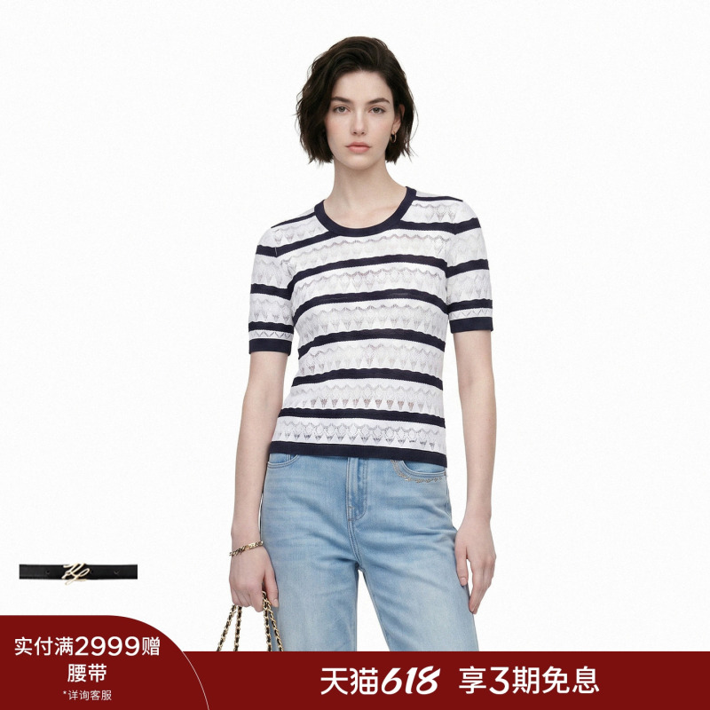 Karl Lagerfeld Karl Lagerfeld Navy Blue and White Striped Sweater Summer Knit Short-Sleeve Women's Clothing Loro Piana Karl Lagerfeld Karl Lagerfeld Navy Blue and White Striped Sweater Summer Knit Short-Sleeve Women's Clothing Loro Piana