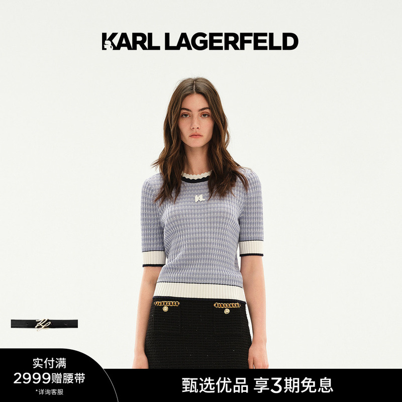 Karl Lagerfeld Karl Lagerfeld Women's Contrast Color Lace Collar Short Sleeve Knitted Sweater Top Karl Lagerfeld Karl Lagerfeld Women's Contrast Color Lace Collar Short Sleeve Knitted Sweater Top