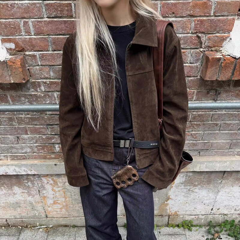 Korean Cleanfit Barn Short Wide Jacket, Dark Coffee Faux Suede Vintage Lapel Deerskin Regular Shoulder Fit Coat