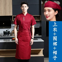 Красная юбка в складку, фартук, красный берет, короткий рукав