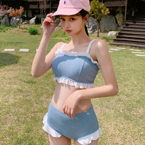 Blue wooden ear sling high waist split hot spring girl swimsuit female Korean ins sexy belly thin and cute