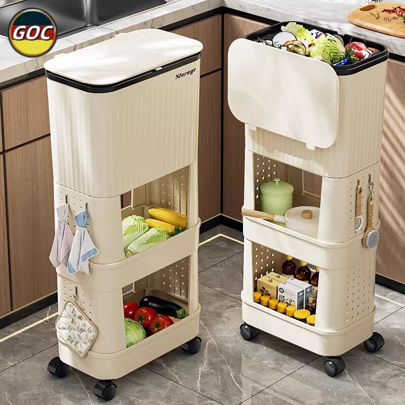 German Kitchen Trash Can for Home Use, Large Capacity, Sliding Lid, Movable, Double-Layer, Tall Model, No Need to Bend Over, with Storage Rack